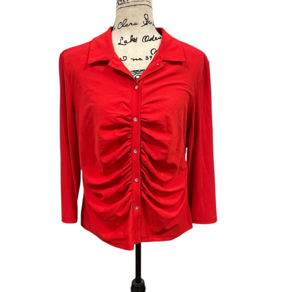 Como Black Red Ruched Rhinestone Button Front Blouse Women’s Large